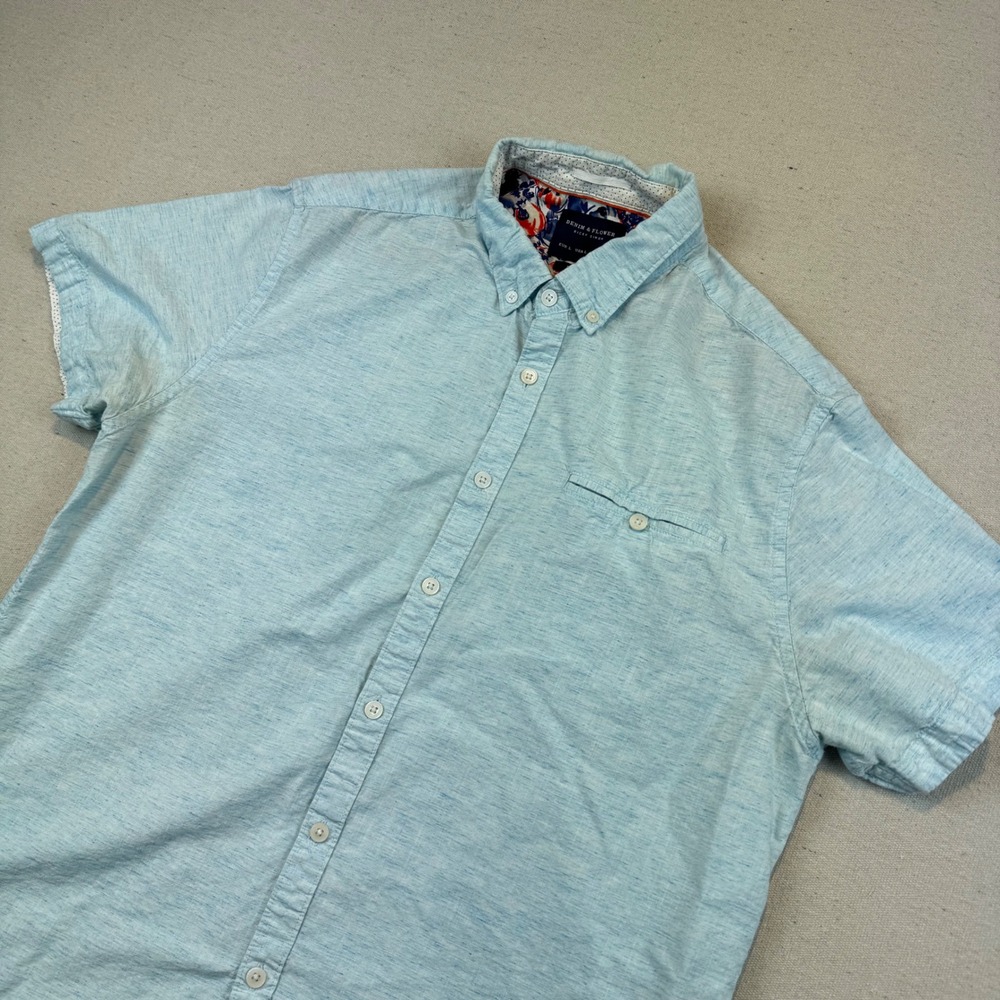 Denim & Flower Large Shirt Mens Light Blue Slim Fit Short Sleeve Button Down